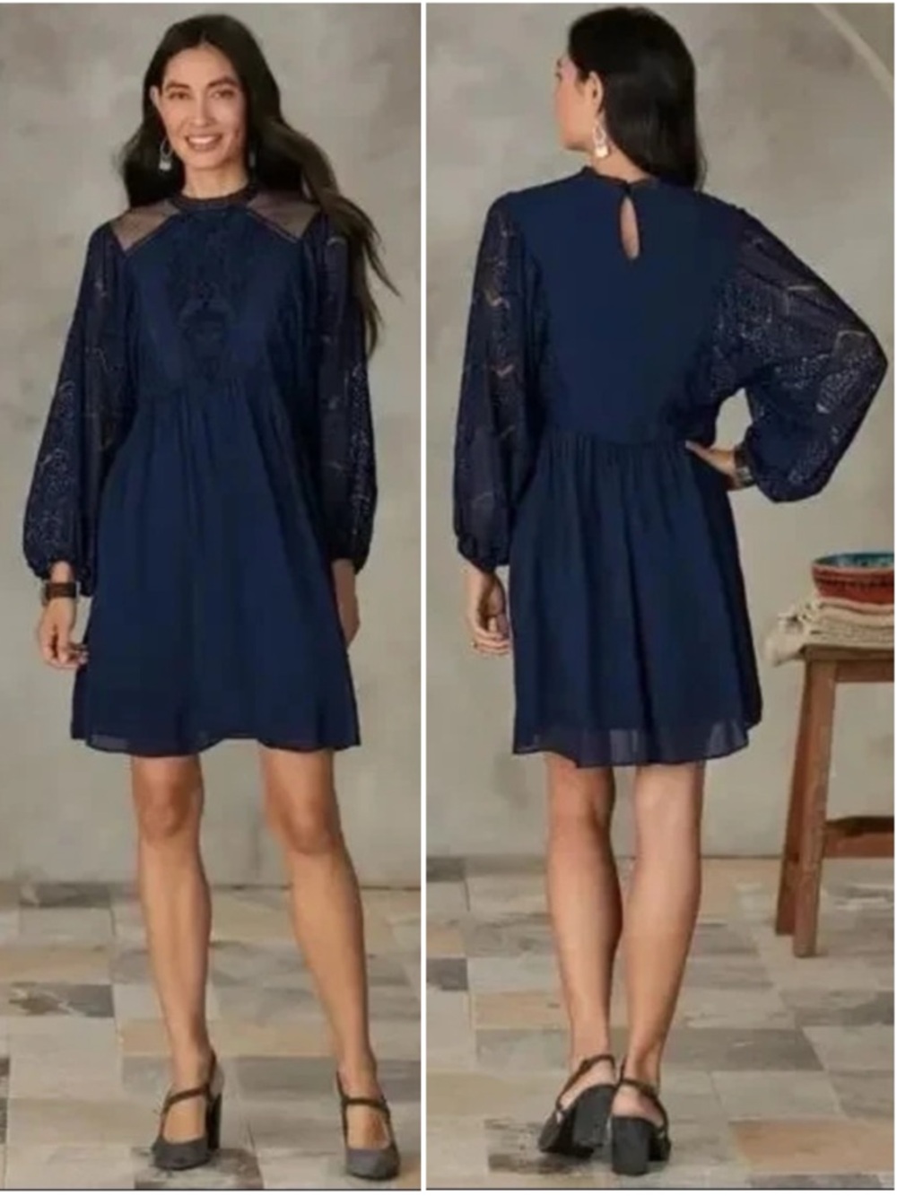 SUNDANCE Women’s Size M Navy Blue Rosier Long Sleeve Lace Mini Dress